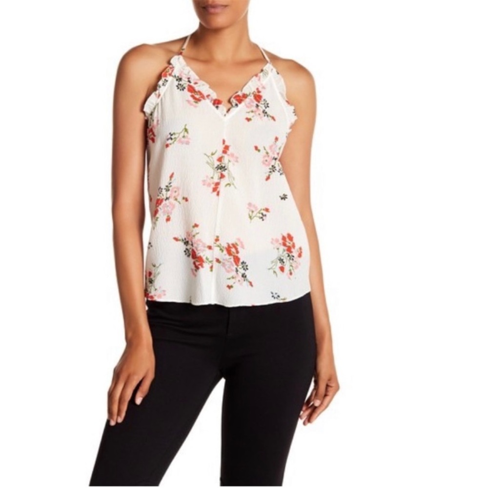 REBECCA TAYLOR Marguerite Silk Floral Print Ruffled Racerback Crinkle Gauzy Tank
